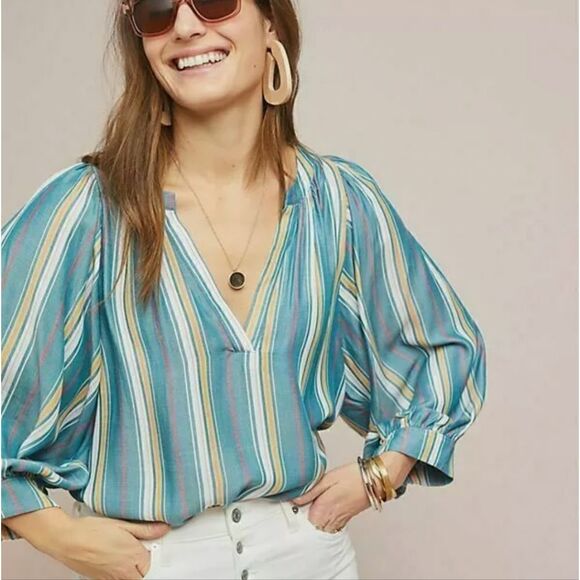 MAEVE ANTHRO ANTHROPOLOGIE Byron Striped Peasant Top Shirt XS Small Medium NWT - Picture 2 of 10